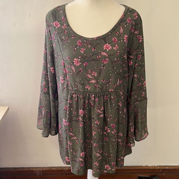 Westport olive green floral long sleeve blouse Size L - Picture 7 of 10